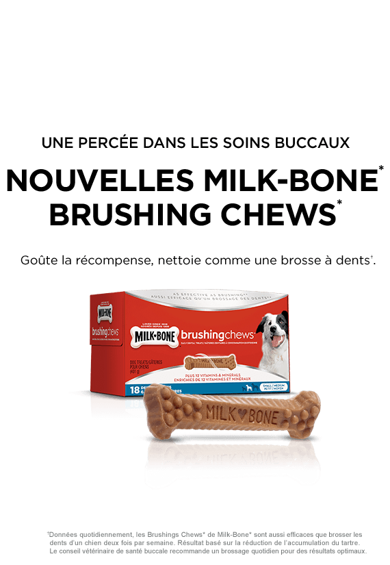 Une percée dans les soins buccaux. Nouvelles Milk-Bone* Brushing Chews*.